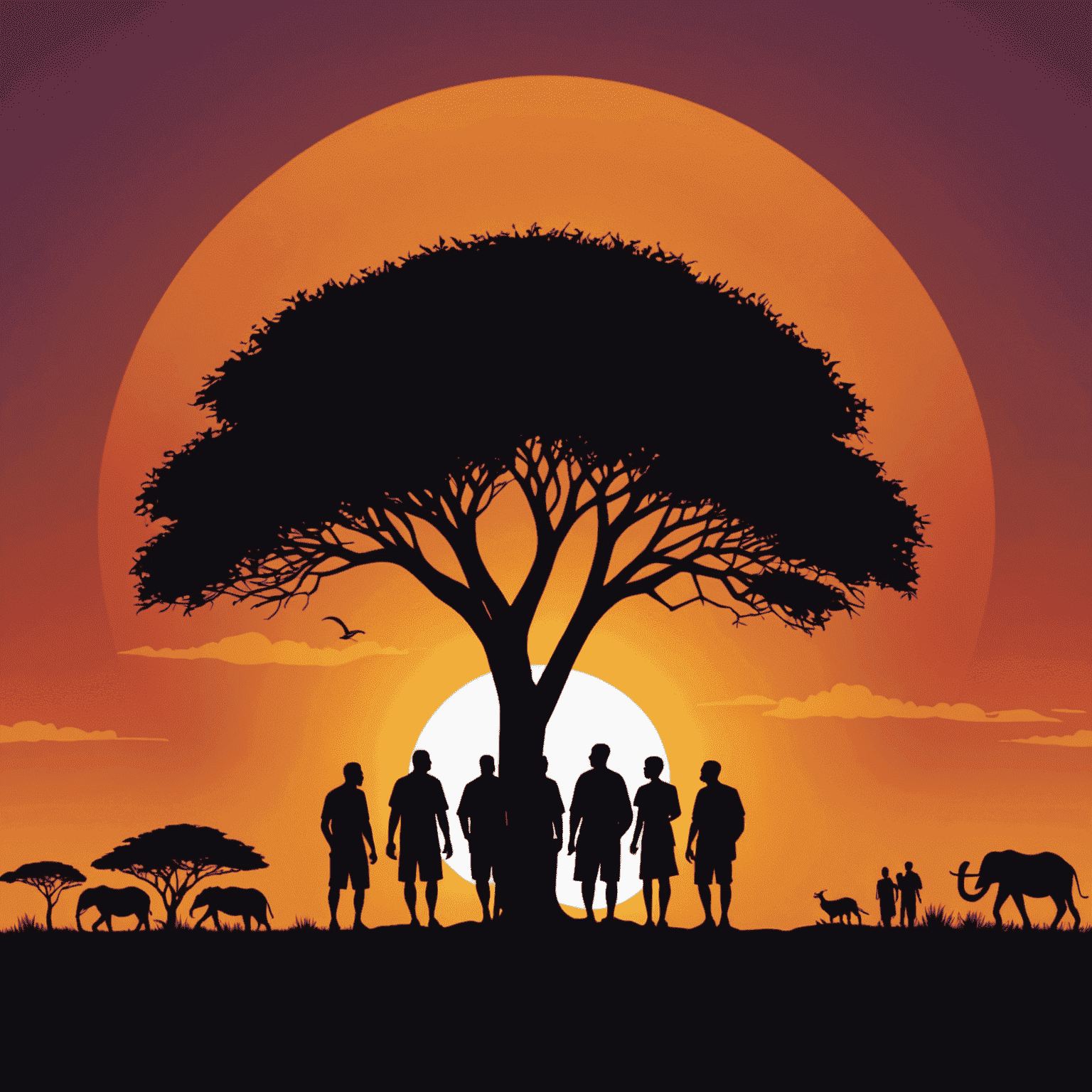 UbuntuInsights logo - A stylized African sunset with silhouettes of people collaborating