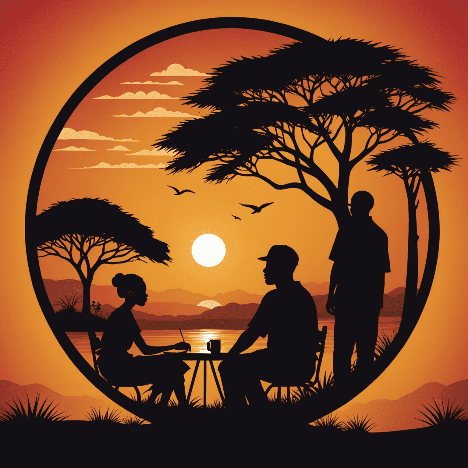 UbuntuInsights logo - A stylized African sunset with silhouettes of people collaborating