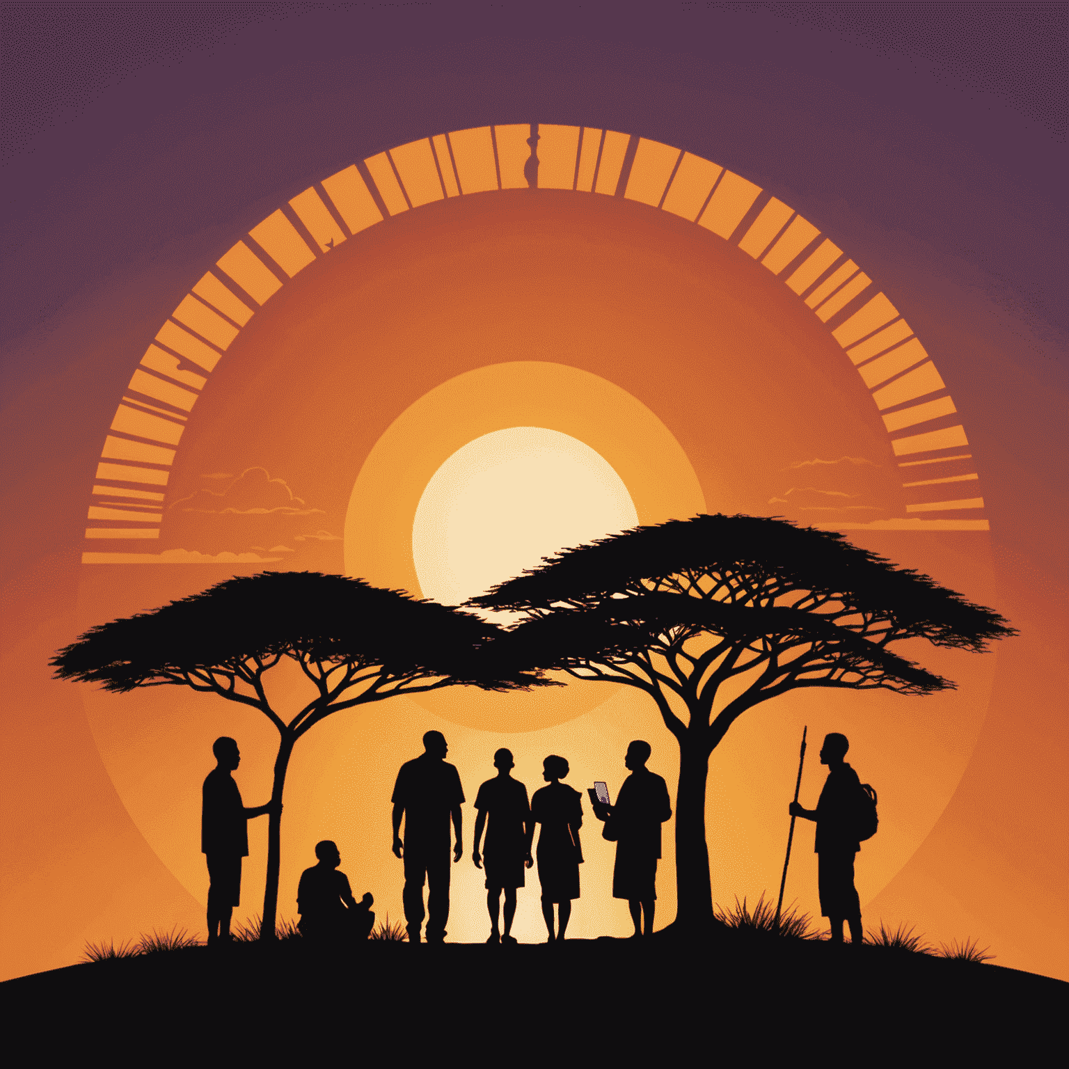 UbuntuInsights logo - A stylized African sunset with silhouettes of people collaborating