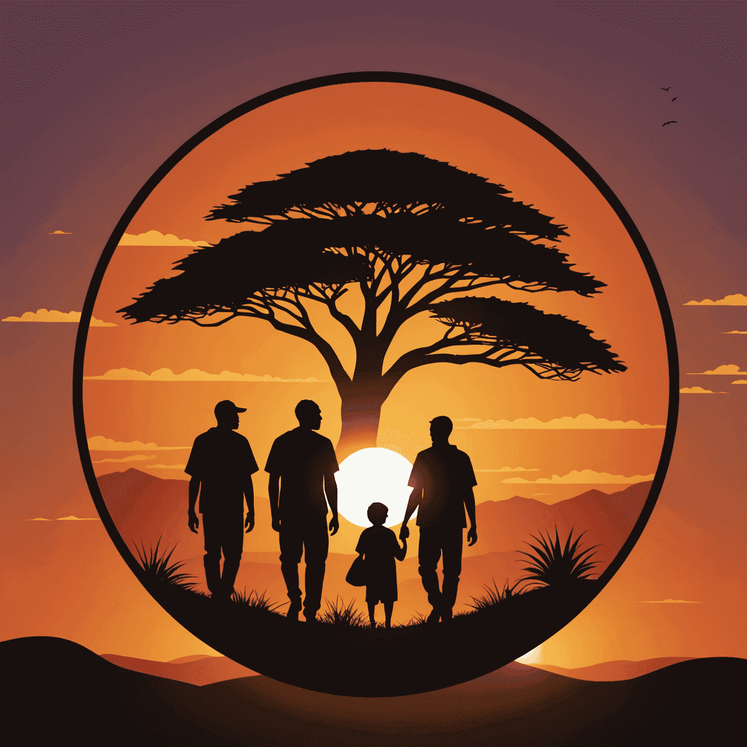 UbuntuInsights logo - A stylized African sunset with silhouettes of people collaborating