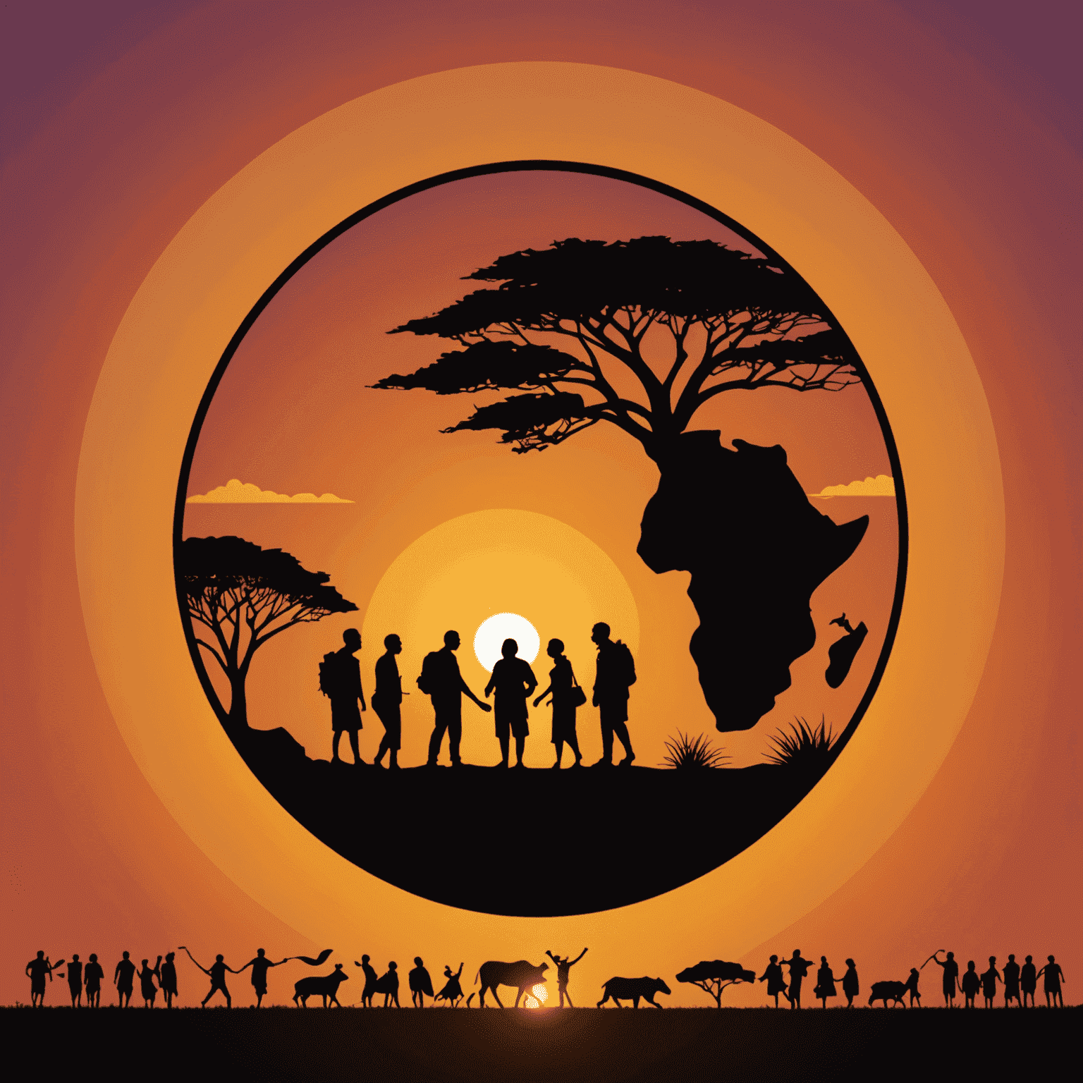 UbuntuInsights logo - A stylized African sunset with silhouettes of people collaborating