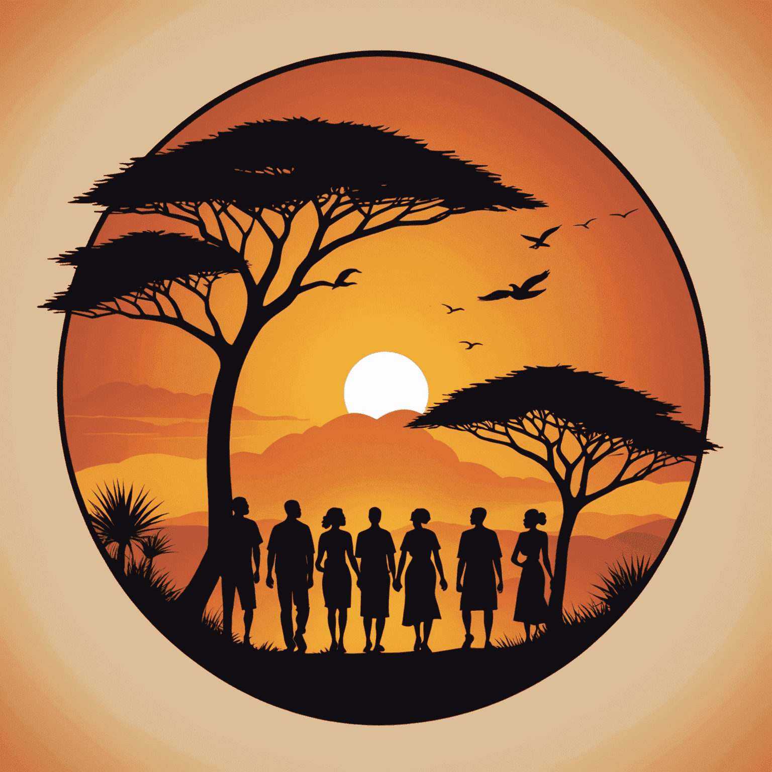 UbuntuInsights logo - A stylized African sunset with silhouettes of people collaborating