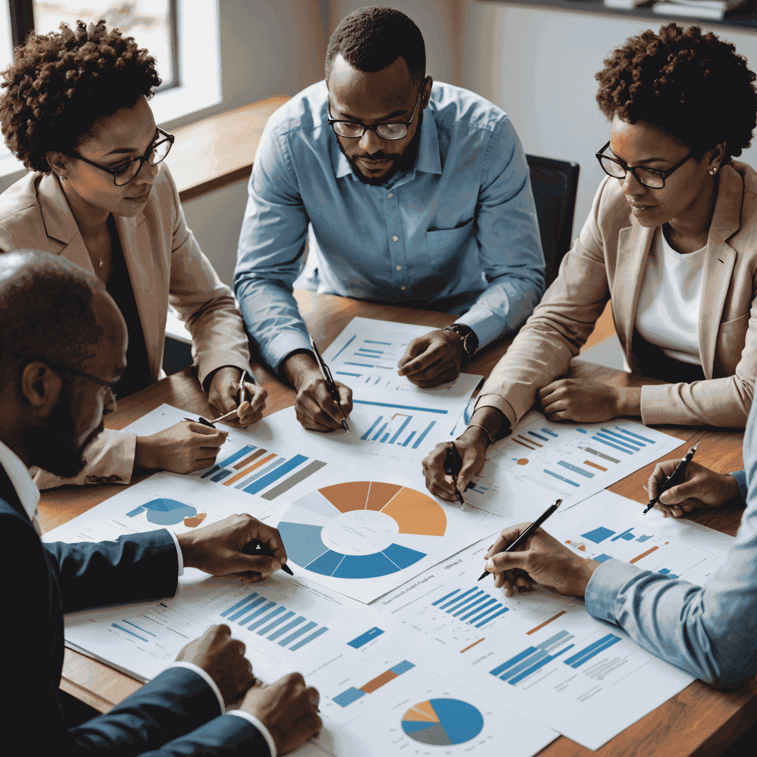 A group of diverse consultants discussing strategy around a table with charts and graphs, symbolizing UbuntuInsights' collaborative approach to strategy consulting in South Africa