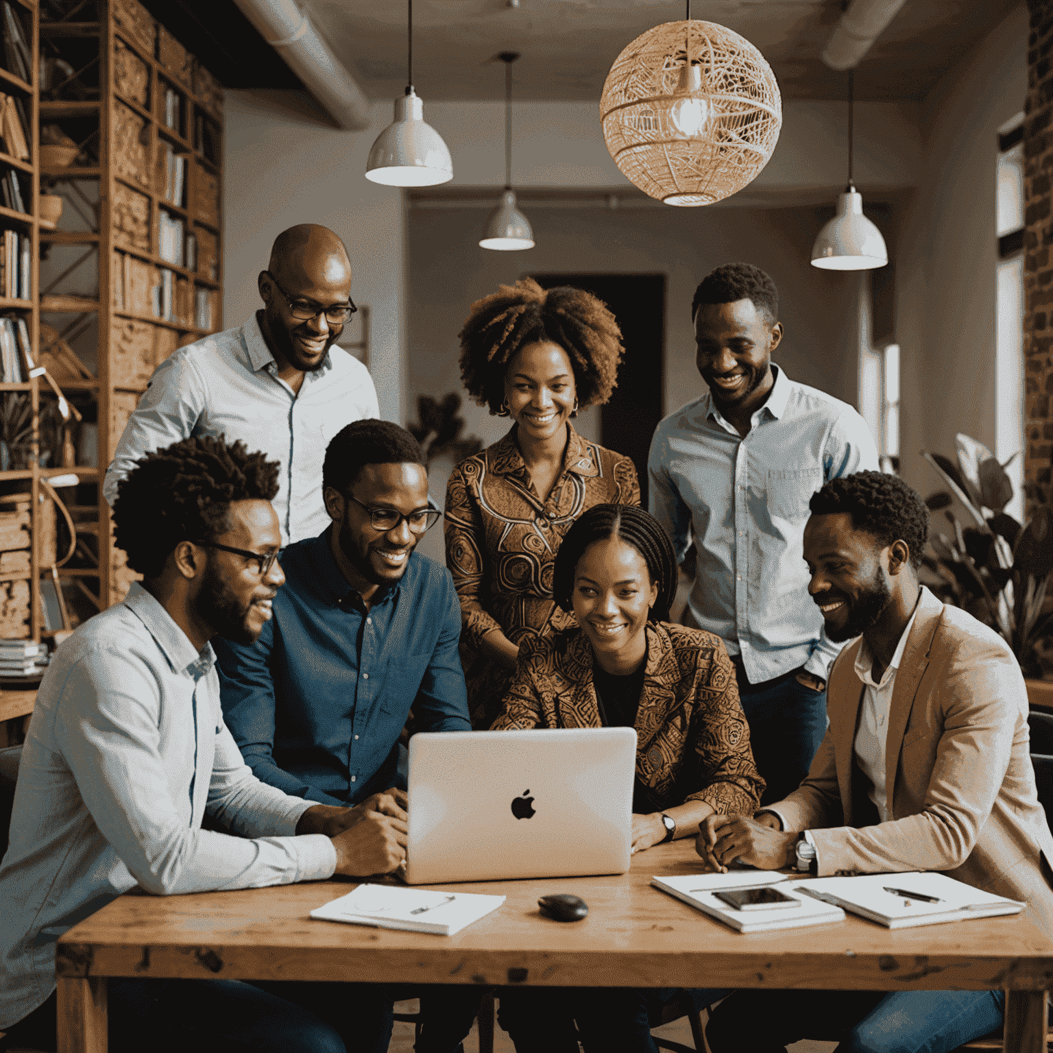 A diverse group of South African consultants collaborating on an innovative project, using digital tools and traditional African-inspired design elements in their workspace