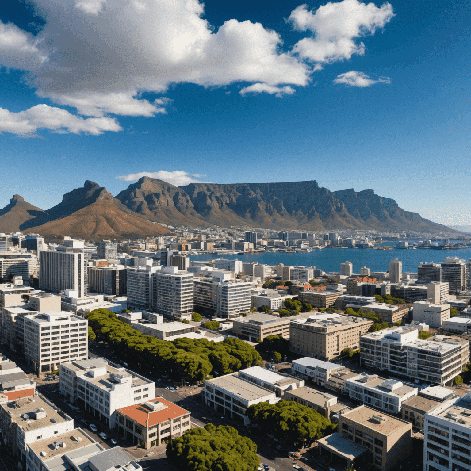 A panoramic view of Cape Town's skyline with Table Mountain in the background, symbolizing the blend of nature and business in South Africa