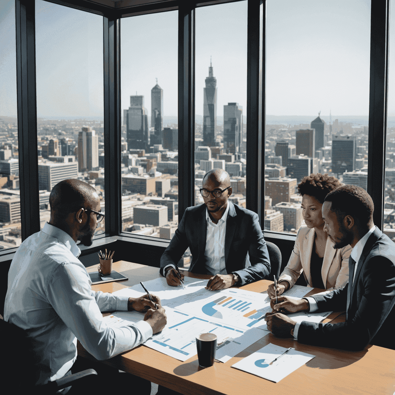 A group of diverse South African business professionals gathered around a table, analyzing charts and graphs, discussing strategic plans for long-term growth in a modern office setting with Johannesburg skyline visible through the window