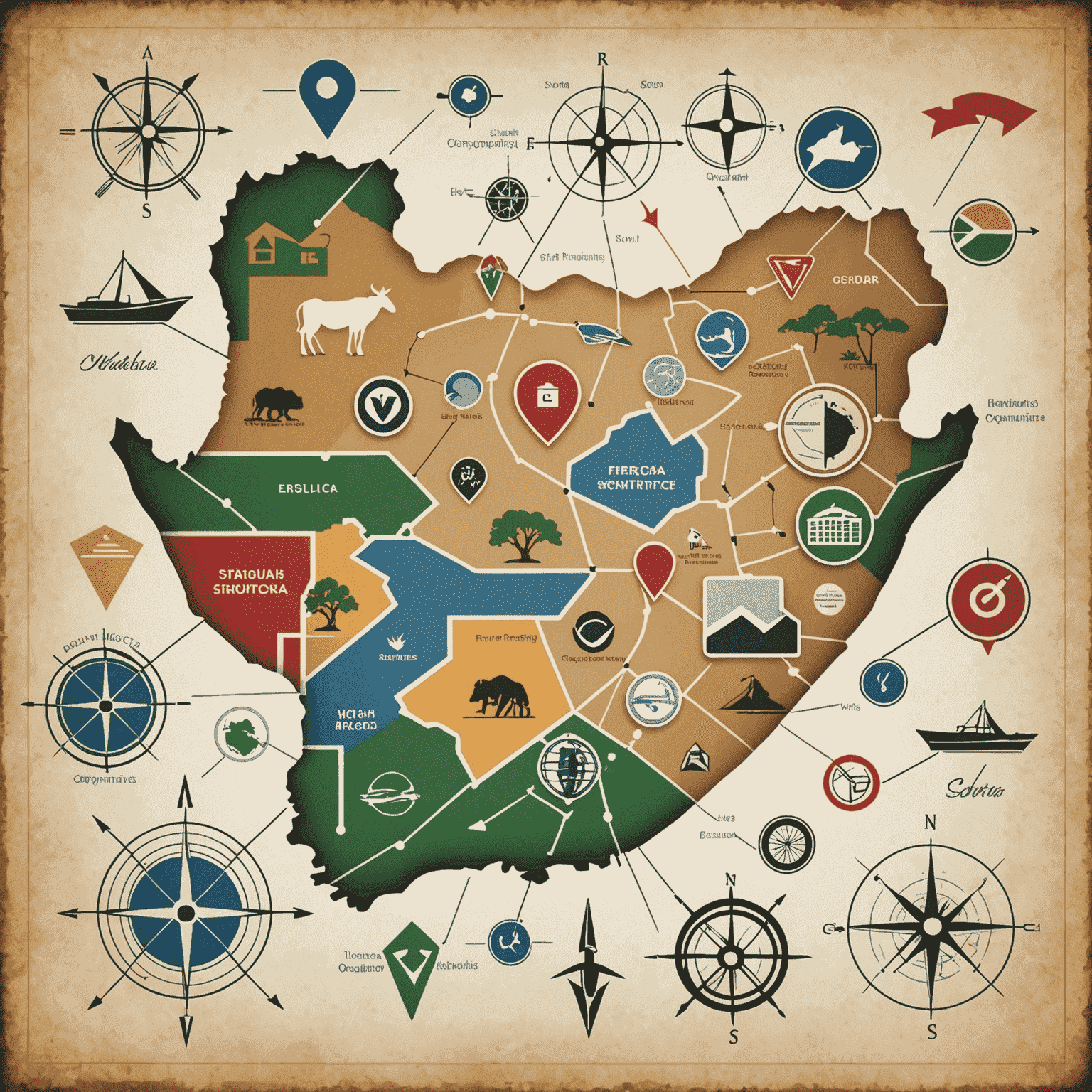 A map of South Africa with various business icons and arrows pointing to different regions, representing market entry opportunities