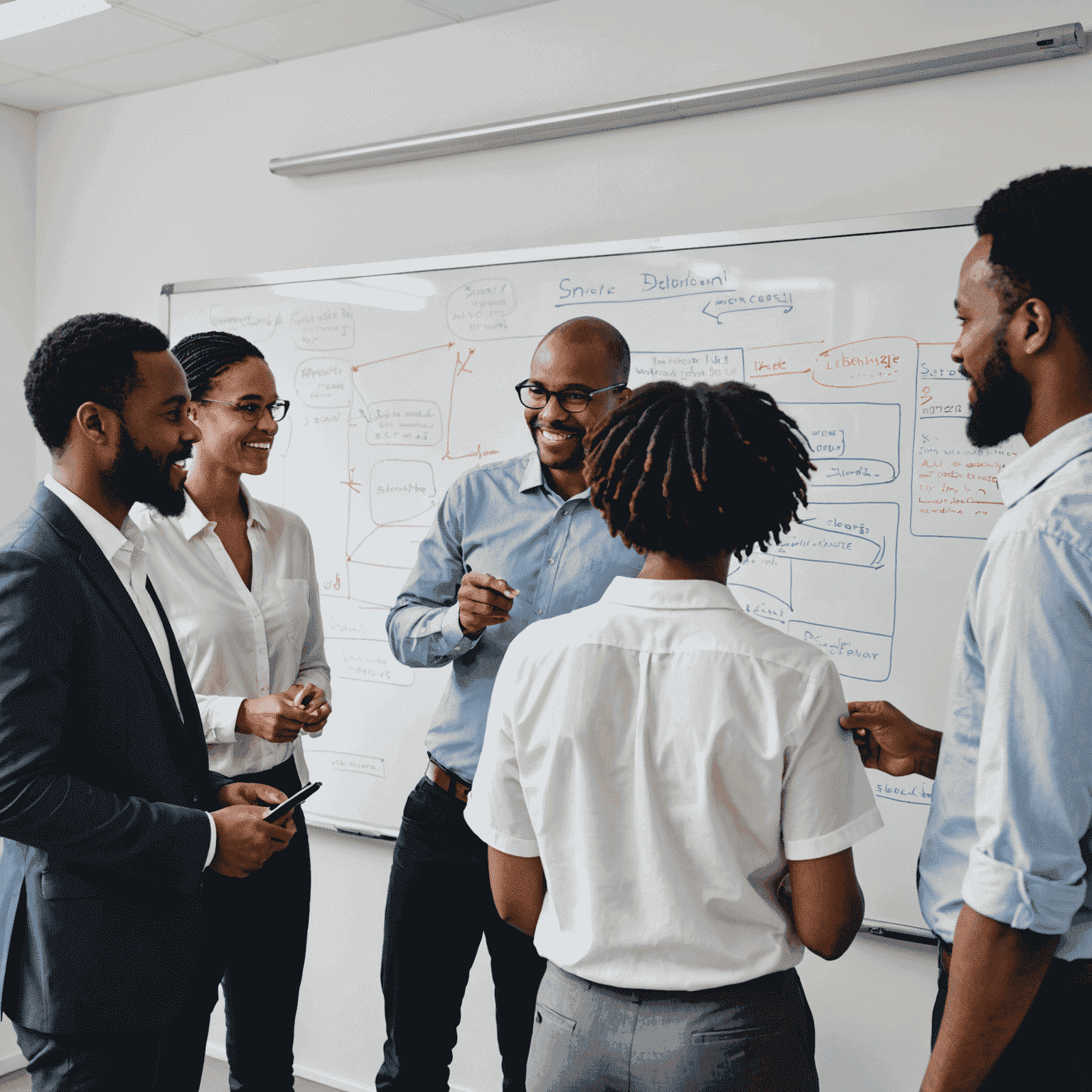 A team of diverse South African professionals collaborating around a whiteboard, analyzing process flow diagrams and efficiency metrics