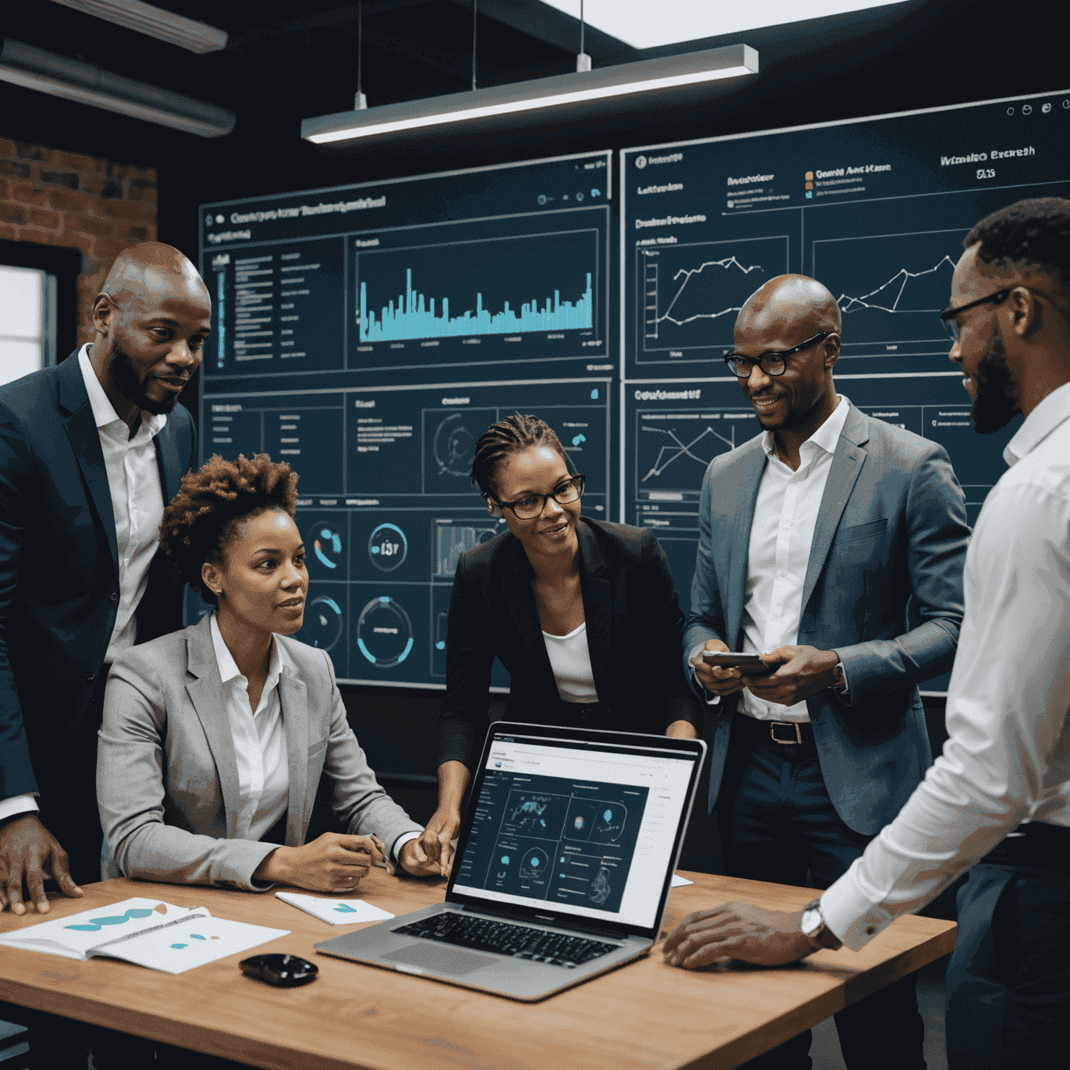 A diverse team of South African professionals collaborating around a digital dashboard, showcasing various technological tools and data visualizations representing digital transformation in action