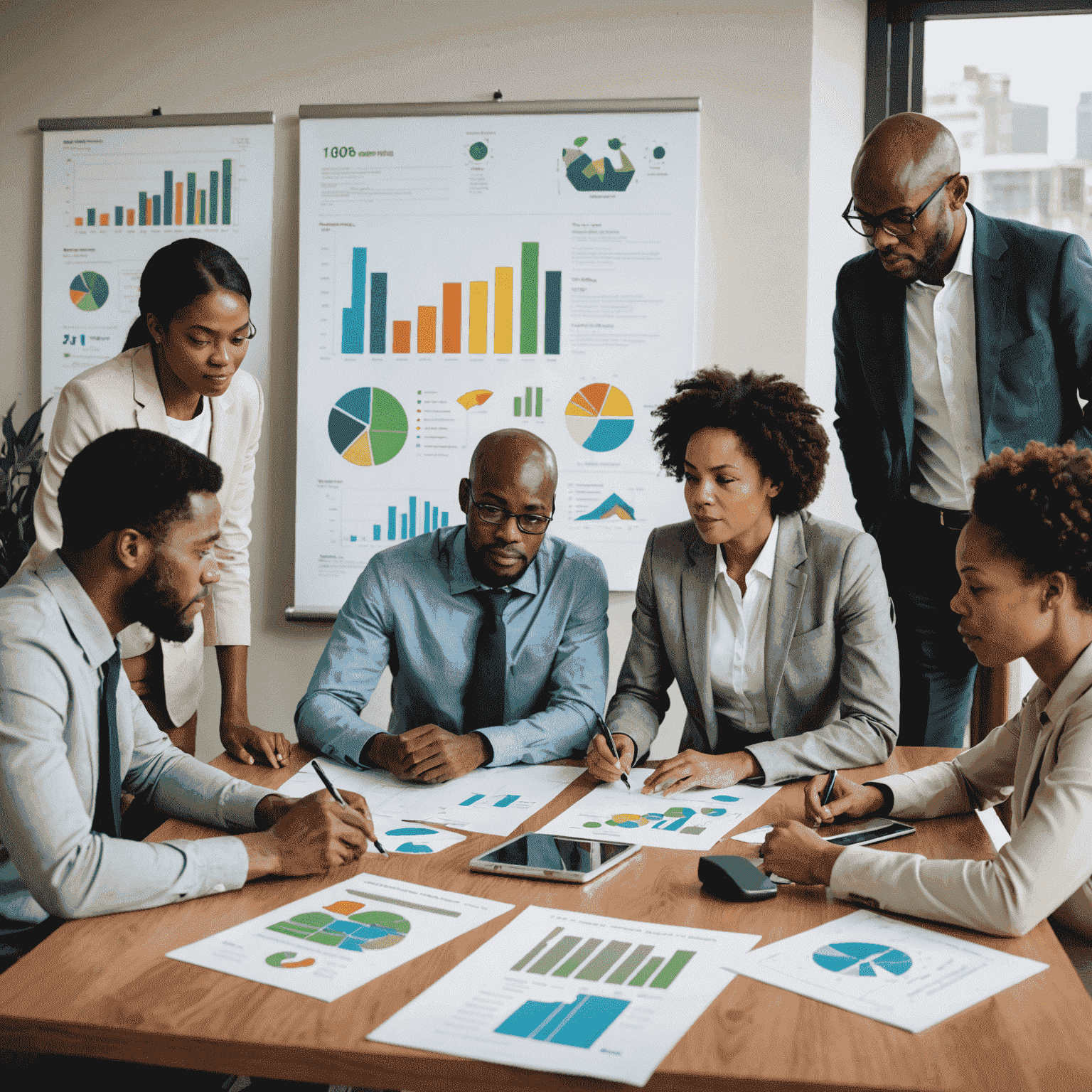 A diverse team of South African business professionals discussing sustainable practices around a table with charts and graphs showing environmental impact reductions