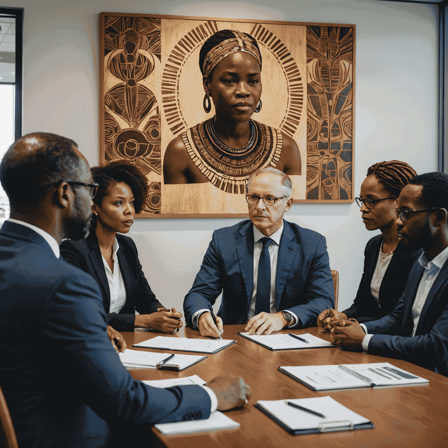 A consultant presenting a culturally-tailored strategy to a diverse group of South African business leaders in a modern boardroom with African art on the walls