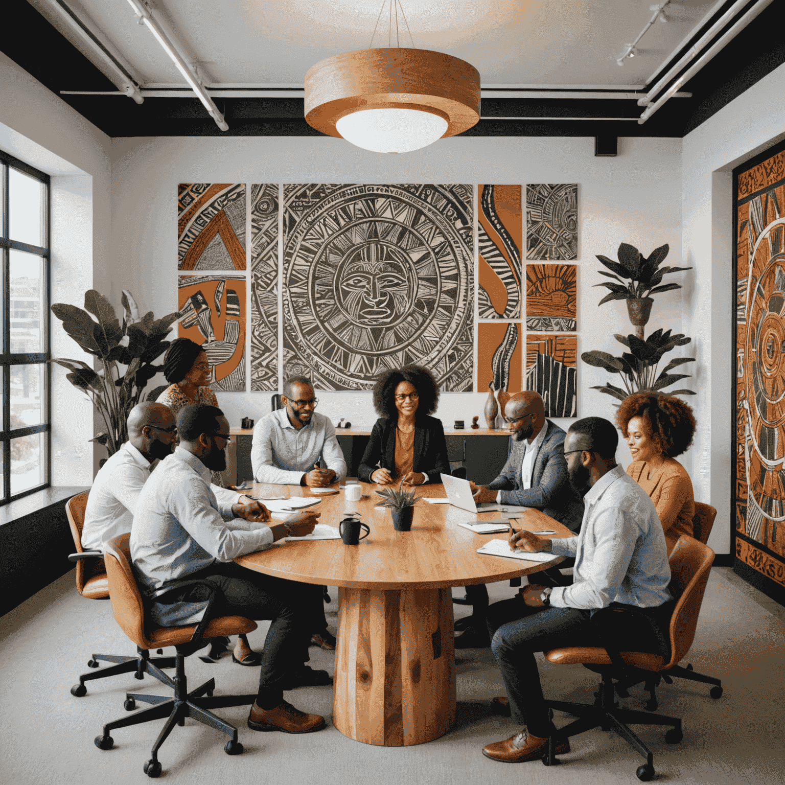 A diverse team of South African consultants and client representatives engaged in a strategic planning workshop, using interactive digital tools and traditional brainstorming methods in a bright, modern office space decorated with African art