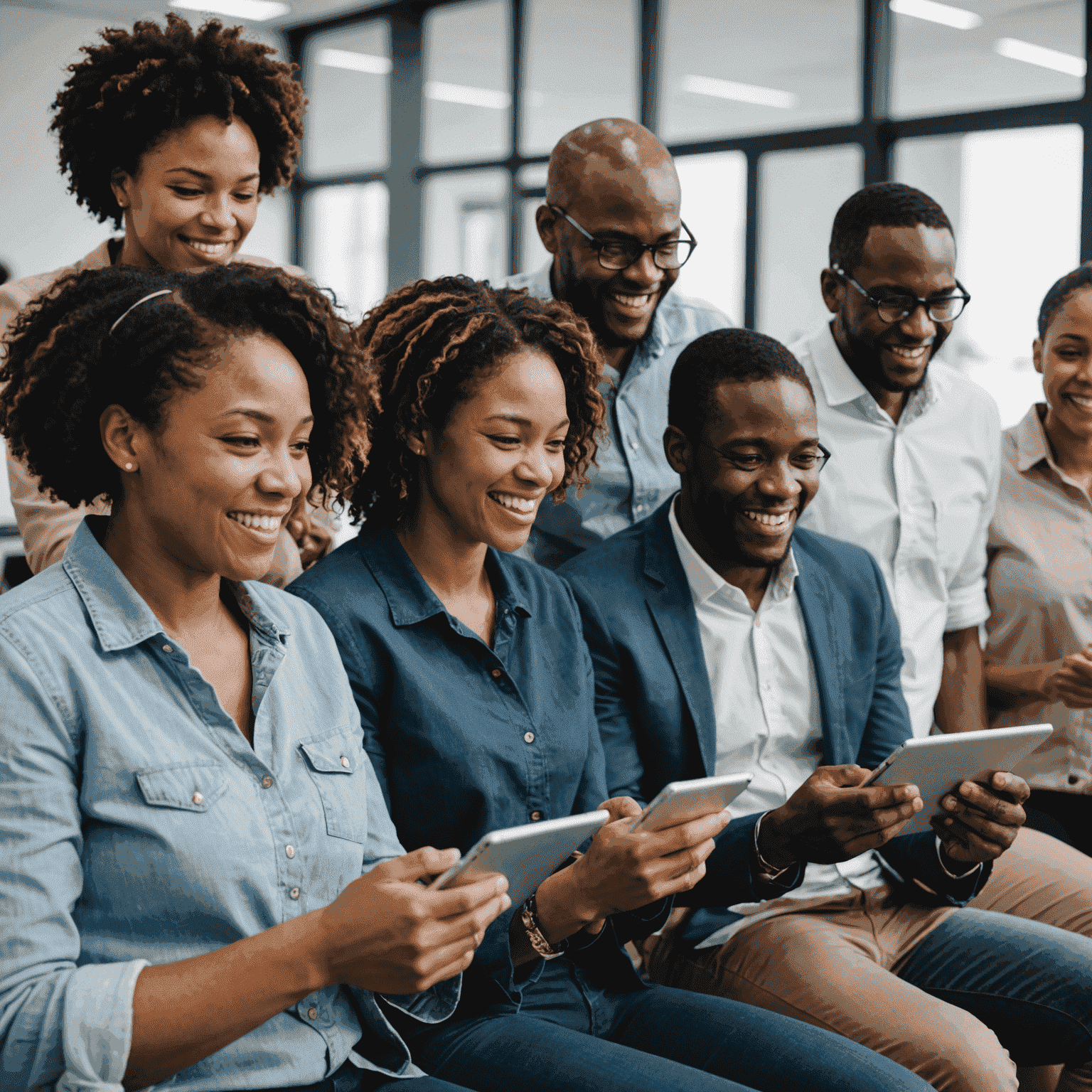 A group of diverse South African employees engaged in a digital skills workshop, using tablets and interactive screens, with expressions of enthusiasm and engagement