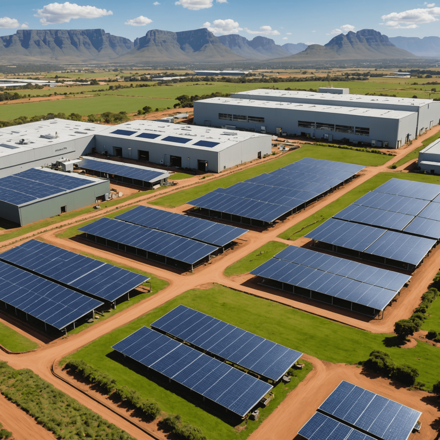 A South African factory implementing green technologies with solar panels on the roof and workers managing eco-friendly production lines