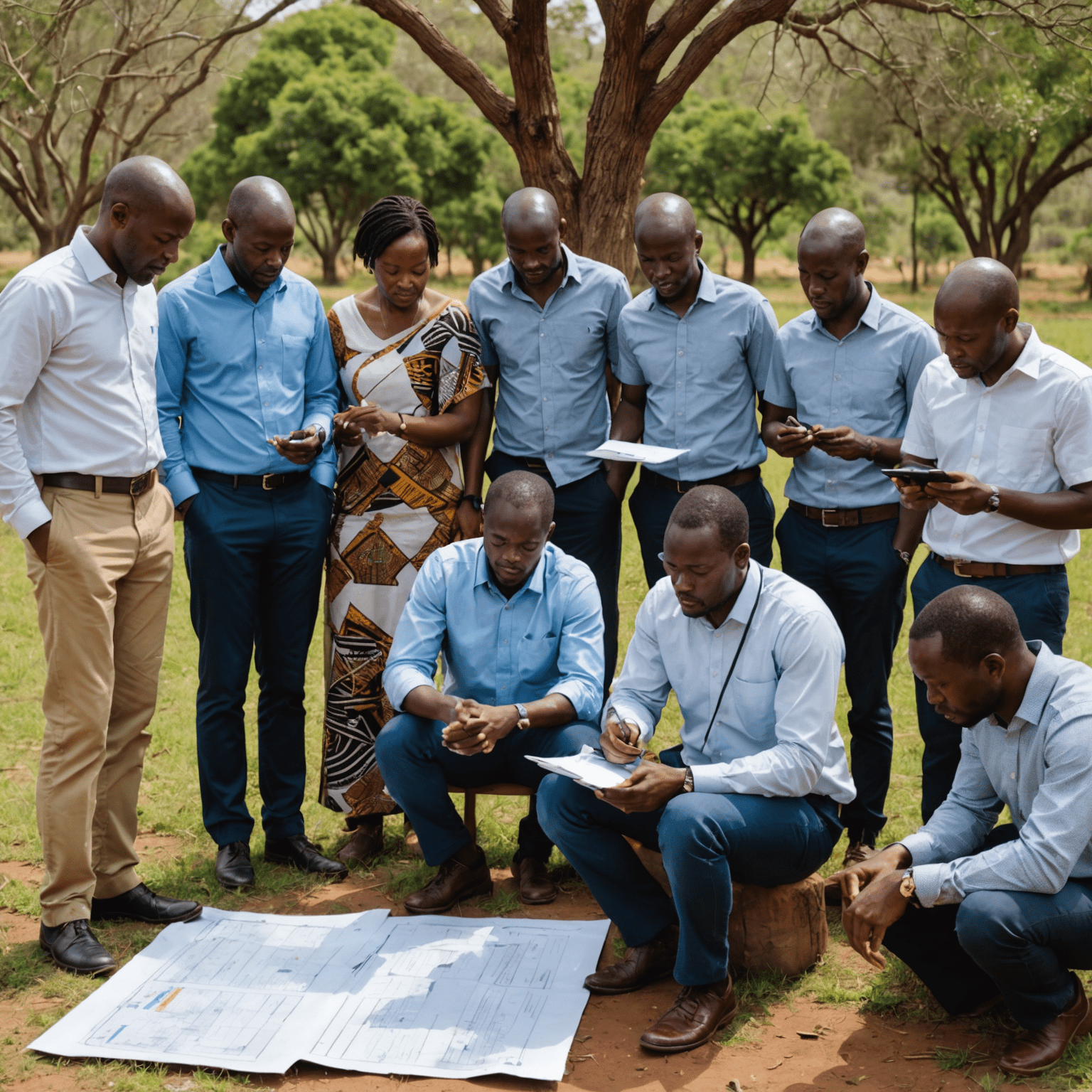 A group of South African project managers using a combination of digital tools and traditional African planning methods in an outdoor strategy session