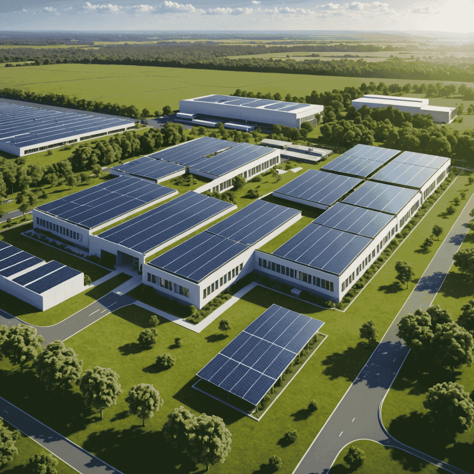 A modern, eco-friendly factory with solar panels and green spaces, representing Sasol's commitment to sustainable industrial practices