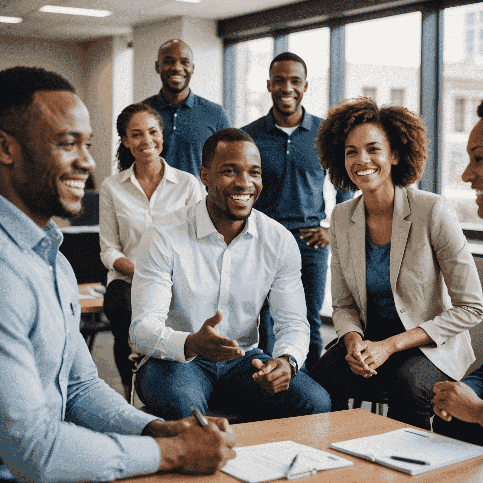 A diverse group of South African employees engaged in a motivational training session, with energetic body language and smiling faces