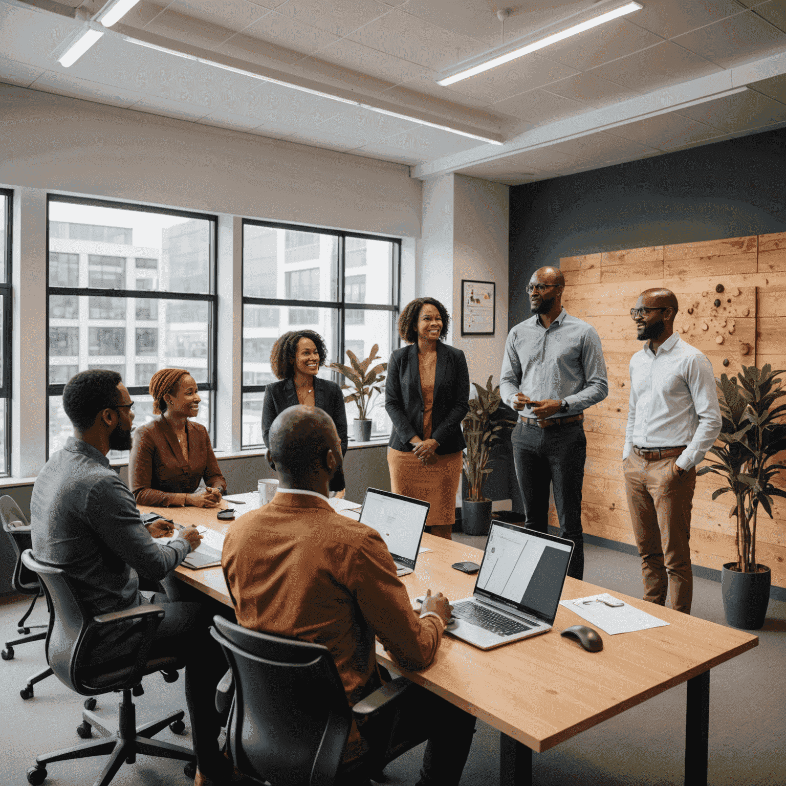 A group of UbuntuInsights consultants presenting a sustainable business strategy to a diverse group of South African executives in a modern, eco-friendly office space